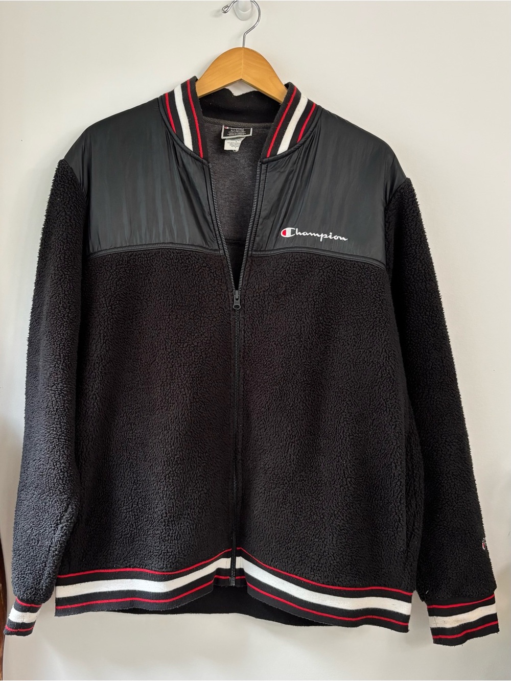 Champion Sherpa Fleece Jacket Men’s XL Black Red White Varsity Vintage Y2K